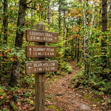 Autumn forest trail signs pointing to Lookout Trail Summit Peak and Bear Hollow with fall foliage
