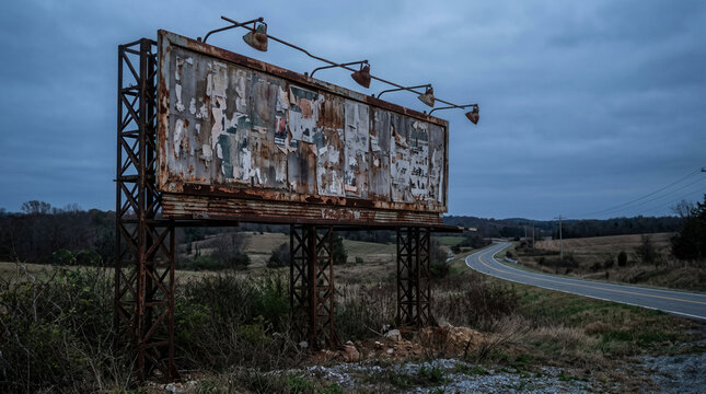 Abandoned Rusty Billboard Overgrown by Nature Next to a Winding Road at Dusk