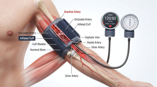 The image shows "Anatomy for Upper Arm Blood Pressure Measurement," illustrating the use of an inflated cuff to compress the brachial artery (occluded artery).