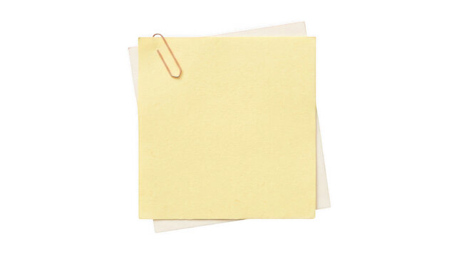 Stacked yellow sticky notes with metal paperclip isolated on transparent background.