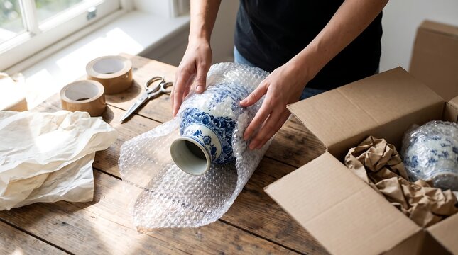 Close-up of hands carefully wrapping a fragile blue and white porcelain vase in bubble wrap for safe shipping and moving. Cardboard box, packing tape, scissors on wooden table.