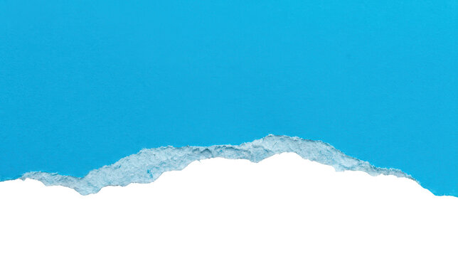Blue torn paper sheet with rough jagged edge isolated on transparent background.