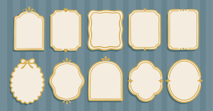 Elegant gold outline frame collection with vintage label shapes for luxury branding, invitation design