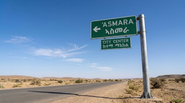 Asmara Eritrea Road Sign City Center Desert Landscape Blue Sky