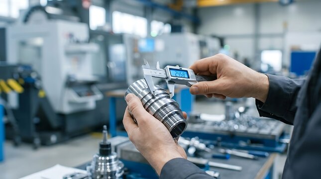 Industrial worker measuring a metal mechanical part with a digital precision caliper tool