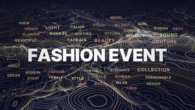 Fashion event animated topography word cloud, text design animation, seamless loop