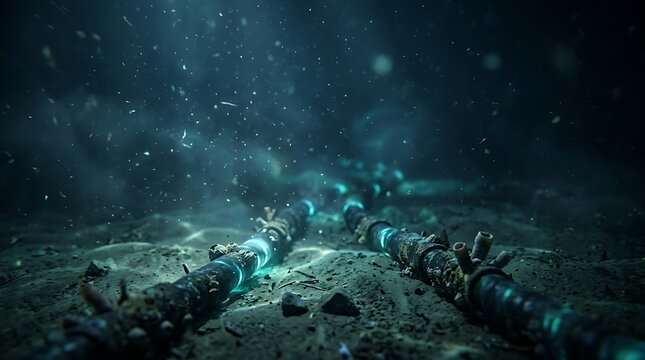 Submarine fiber optic internet cable lying on the dark deep ocean floor