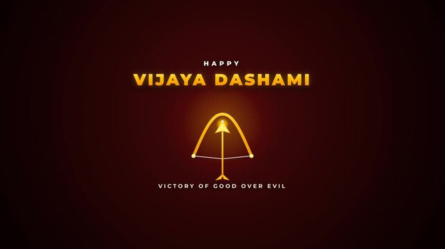 A refined 4K motion graphic animation for Vijaya Dashami. All typography is perfectly static after intro. The only continuous motion is the golden arrow group drawing back with smooth tension and rele