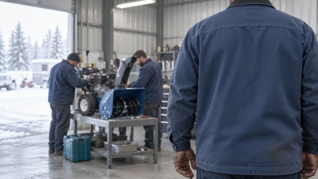 Steel blue workwear jacket with copy space on a man in a repair shop, featuring a rugged cotton texture for a professional mockup