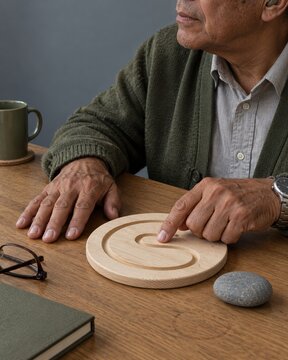 Wooden tracing board with a finger following the groove on a smooth oak table, a tactile mindfulness tool for stress relief and mental health