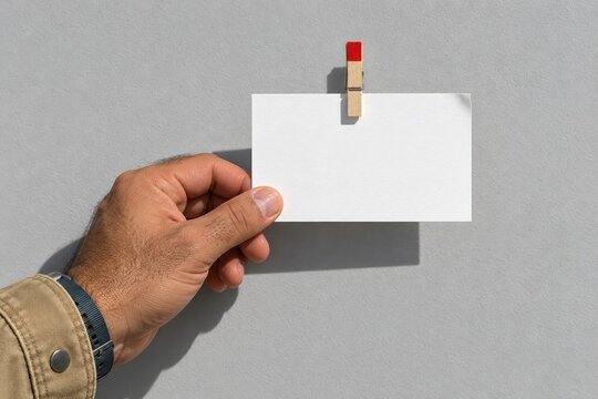 Blank white card held against a cool grey stone wall, a clean mockup template with a red clothes peg for notes and messages