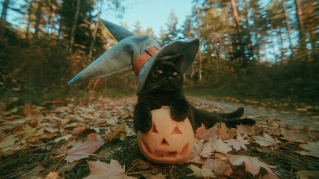 Black cat wearing an oversized witch hat with paws on a carved pumpkin, set on a leaf-covered forest path for Halloween cards and promos