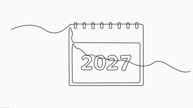 Continuous line drawing of spiral bound calendar showing twenty twenty four date on clean white background simple minimalist motion graphics black stroke.