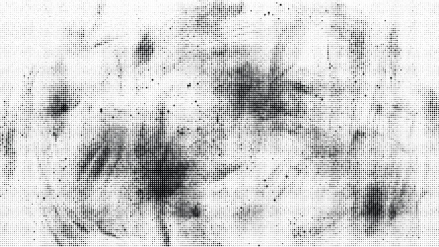Expressive painterly smudge texture blends deep black ink blotches with weathered halftone stipple noise.