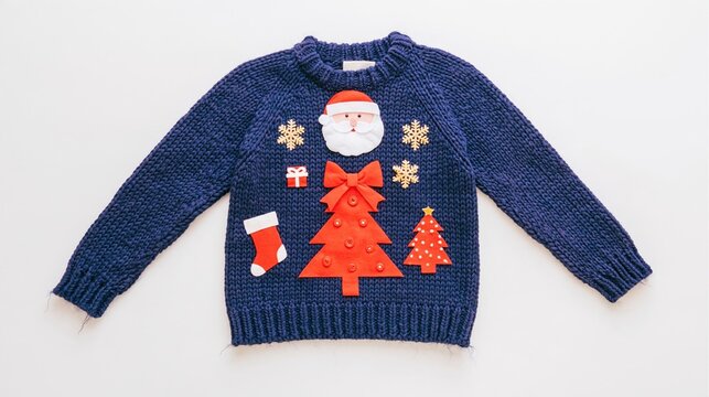 Ugly christmas sweater with santa and tree appliques, a chunky navy knit with fuzzy textures on a white background for holiday party promos