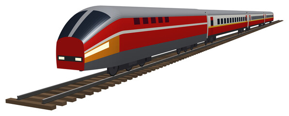 Streamlined red passenger locomotive with coaches on railway track, isolated © Shakil