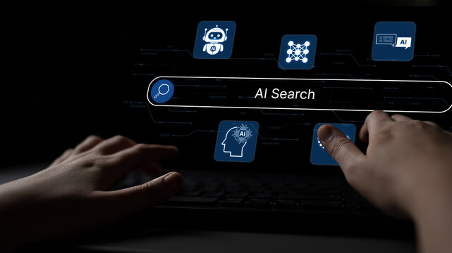 AI-powered search interface concept with multiple assistant tools, intelligent logic and automation engine working in harmony. Corpus