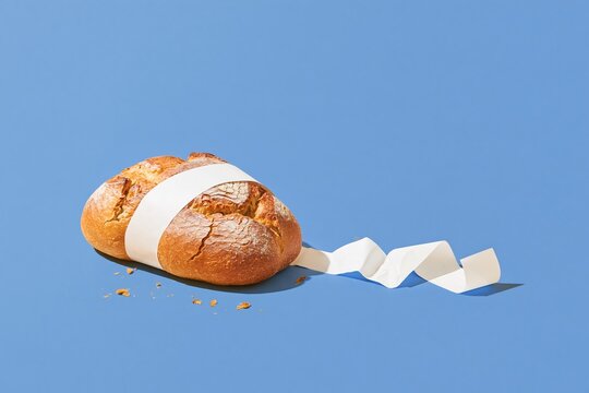 Crusty bread loaf wrapped in a long white receipt on a vivid blue background, with a crisp shadow for grocery budget and inflation concepts