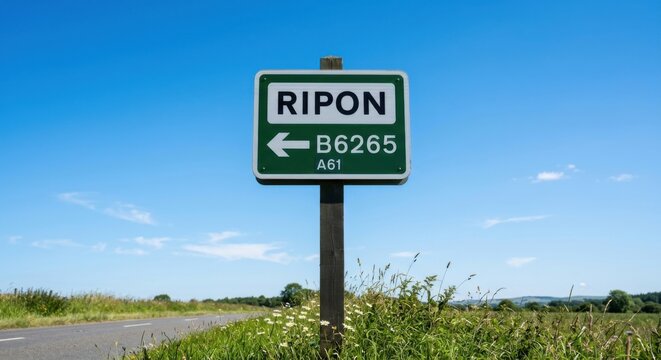 Ripon directional road sign with B6265 and A61 information clear blue sky summer day