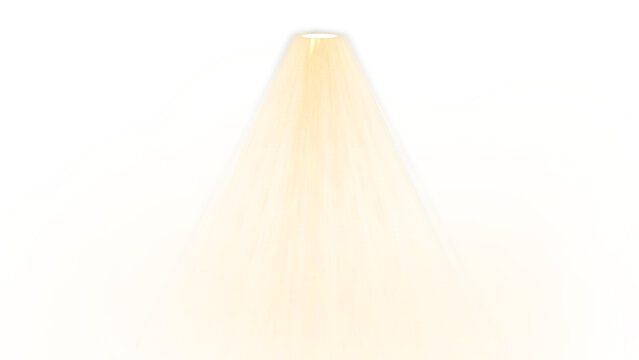 Isolated bright golden yellow light beam emanating from a top source transparent background