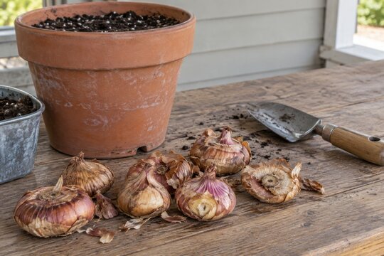 Gladiolus corms with loose dry tunics beside potting supplies
