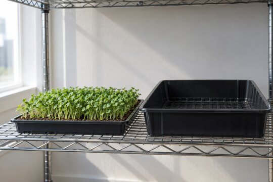 Shallow microgreen tray beside a deeper empty nursery tray