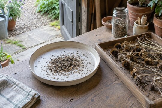 Dry flower seeds and chaff beside collected seed heads