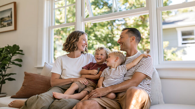 happy multi generational family with parents grandfather and two kids looking out of a bright window together with smiles showing love home and togetherness