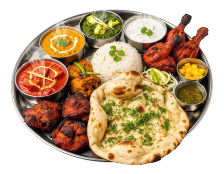 Traditional Indian thali platter with chicken curry rice and naan bread