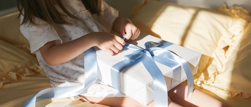 Girl hands untying a blue ribbon on a wrapped gift box, a tender and curious moment on soft golden bedding for holiday ads