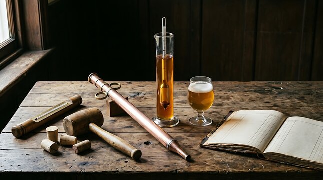 Vintage hydrometer testing kit with beer glass on rustic wooden table for brewing craft.
