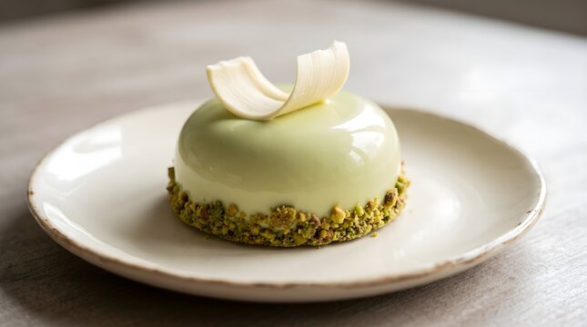 A gourmet pistachio mousse cake with a glossy glaze and white chocolate garnish on a rustic ceramic plate