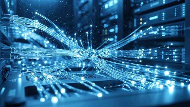 Glowing fiber optic cables transmitting digital data pulses inside a futuristic server room