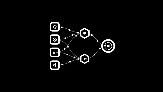 Abstract neural network diagram with input nodes, hidden layers, and output node on black background