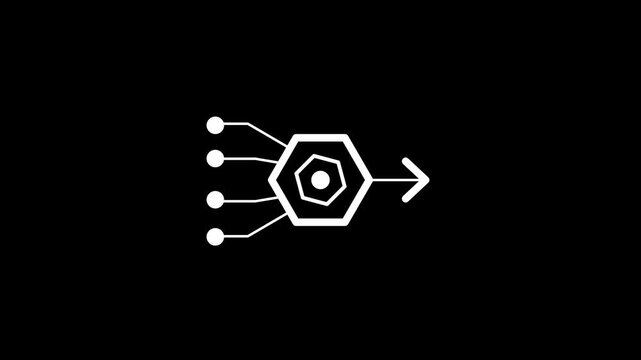 Abstract white hexagon with incoming lines and outgoing arrow on black background symbolizing data processing or network connection