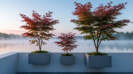 Fototapeta premium Japanese maple trees grow in modern concrete planters on balcony. Red foliage plants sit by calm lake with morning mist. Peaceful garden view at dawn with soft sunrise light. Minimalist zen