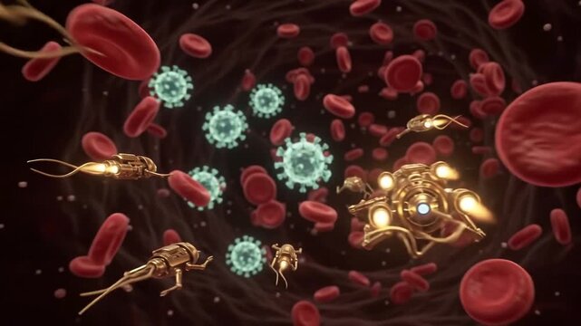 Microscopic 3D nanobots navigating bloodstream for medical biotechnology concept