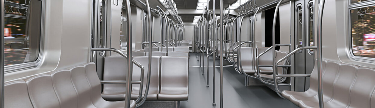 Interior of an empty subway car with rows of beige seats and vertical metal poles, viewed from the center looking towards the front, with windows showing blurred city lights, suggesting a quiet