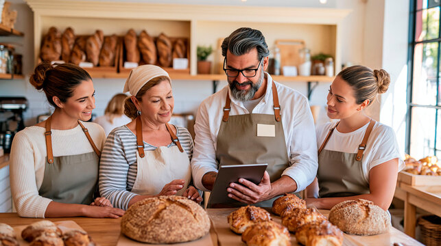 Bakery team using tablet together behind counter with artisan bread, representing teamwork, small business, digital management and food production