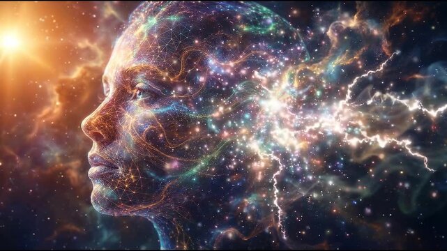 Profile of a Woman's Head with a Universe of Stars, Nebulae, and Glowing Particles, Representing Cosmic Consciousness and Spiritual Awakening, concept of cosmic consciousness and spiritual awakening
