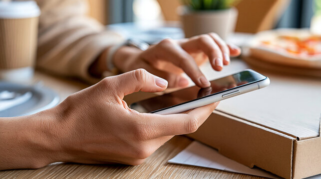 Faceless hand using a smartphone to complete contactless payment beside a pizza box, digital food delivery concept, clean modern photography, defocused table background, online
