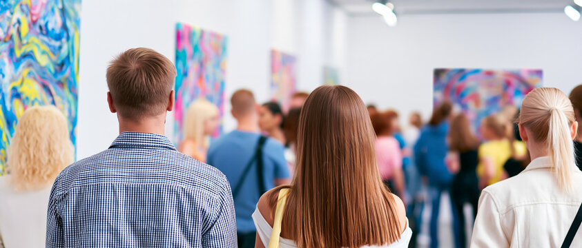 Adult visitors observing colorful abstract paintings in a modern art gallery exhibition, appreciating contemporary art pieces, cultural event, indoor activity, art appreciation, museum visit, visual