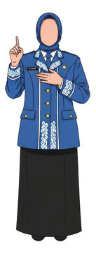 Woman wearing blue batik uniform and hijab pointing finger up