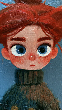 Red haired child portrait with large blue eyes and textured brown sweater against a blue background, expressive hand painted character illustration