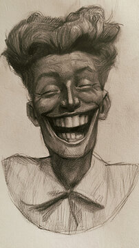Hand drawn caricature of a laughing man with tousled hair, broad grin, closed eyes, and bow tie, rendered in expressive graphite on textured paper