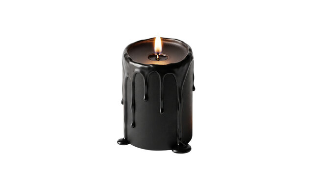 Gothic black pillar candle with melting wax and warm flame, dark aesthetic candle for spooky atmosphere, mystical home decor accessory isolated PNG with Transparent Background