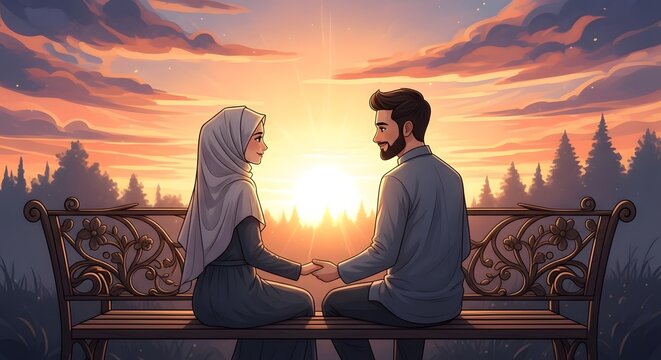 Romantic Muslim Couple Holding Hands on a Bench at Sunset
Digital Painting of a Hijabi Woman and Her Husband in a Sunset Park
Muslim Couple Facing Each Other Against a Glowing Orange Sky