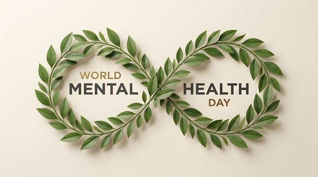 Infinity symbol of green leaves framing World Mental Health Day text
