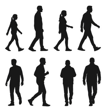 Black silhouettes of people walking and standing on white