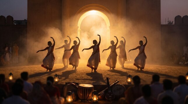 Silhouettes of traditional classical dancers performing in front of a glowing arched gateway with stage smoke, lanterns, and an attentive audience